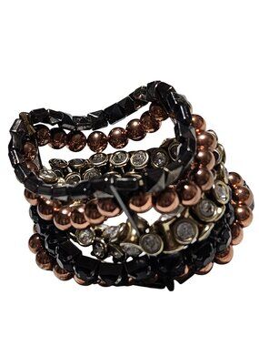Vintage 70s Beaded Stacked Bracelet Gold Copper Black Crystal Beads Stretch